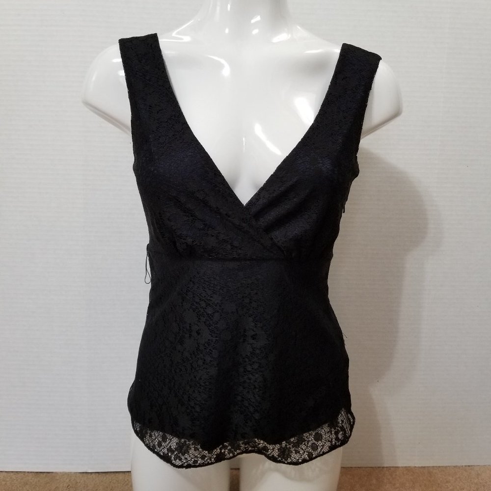 H&M top 4 XS lace overlay sleeveless black blue surplice v-neck